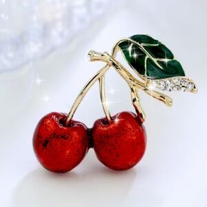 🌺Red Cherry Brooch With Green Leaf Cherry Jewelry Cherry Accessories